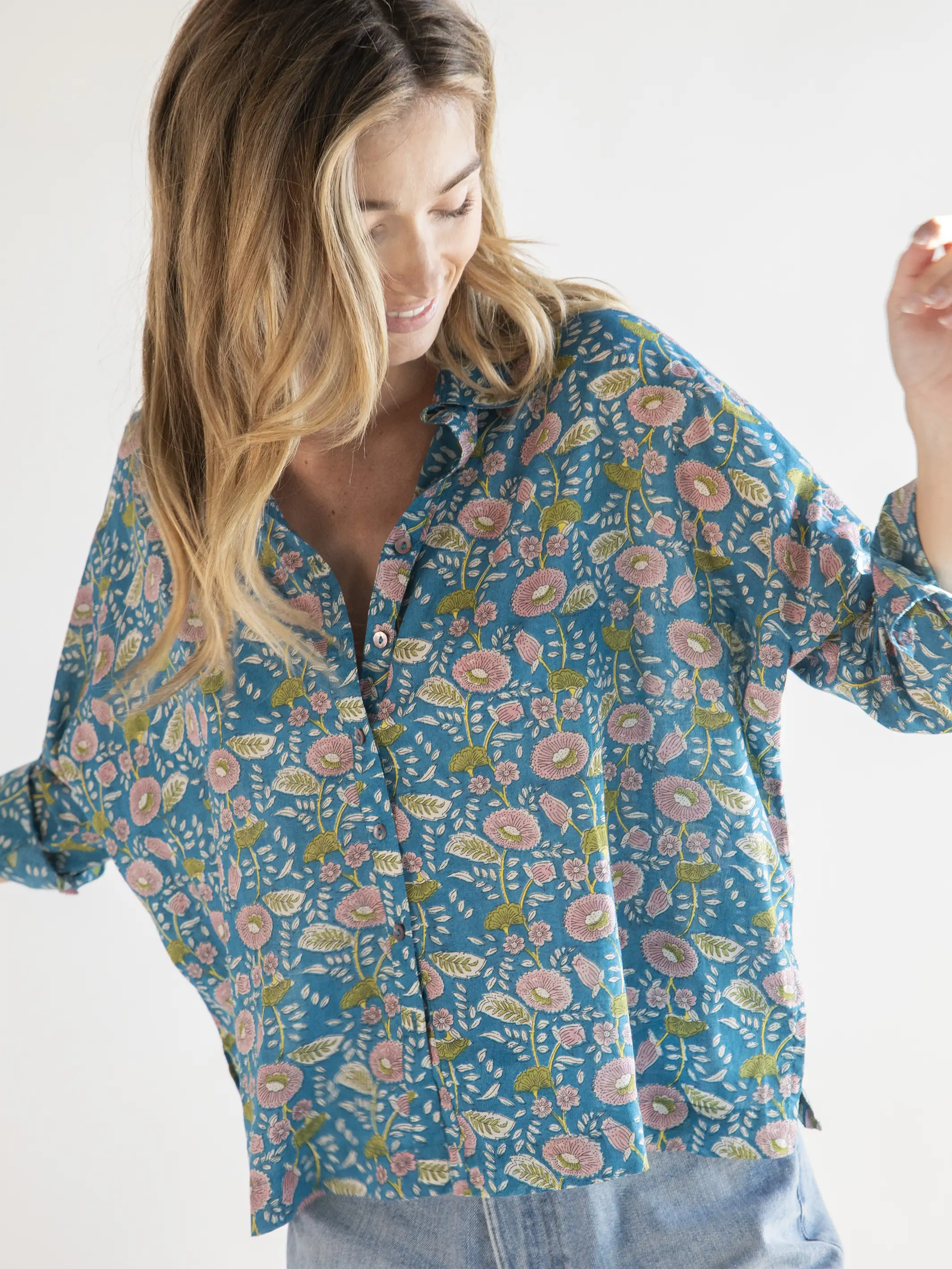 Lara Button Down - Blue Pink Floral Vines