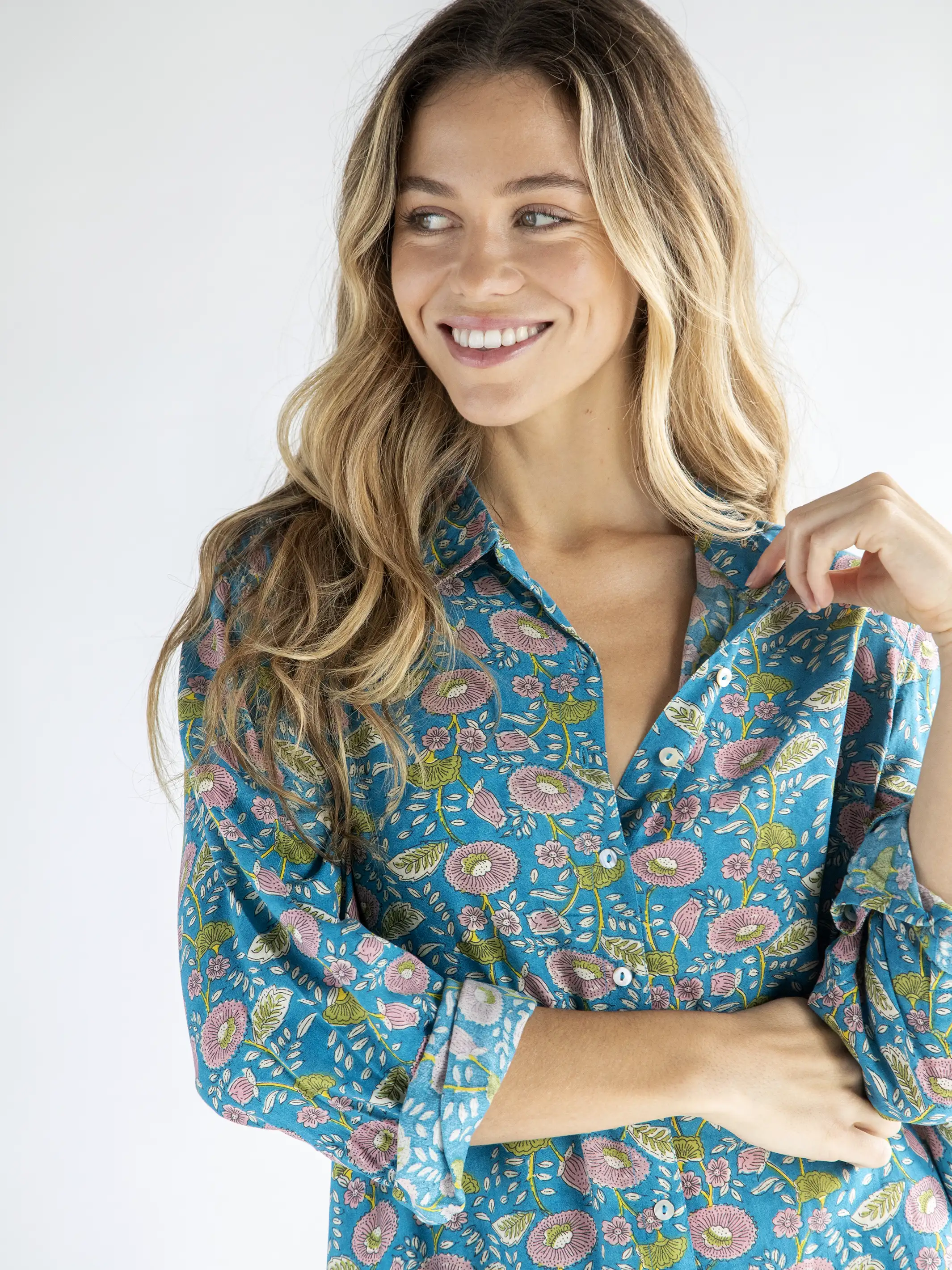 Georgia Shirt Dress - Blue Pink Floral Vines