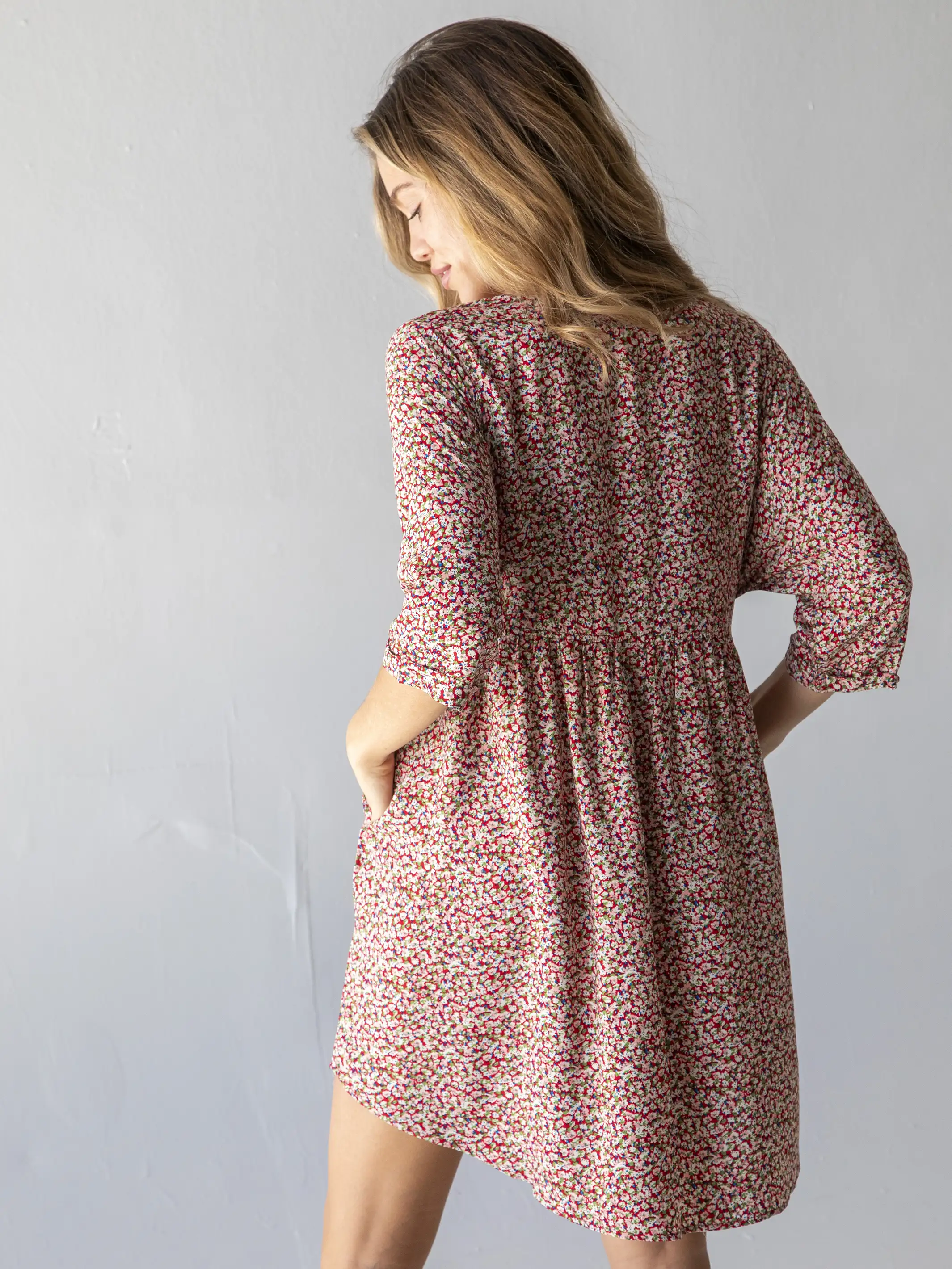 Stella V-Neck Dress - Pink Ditsy