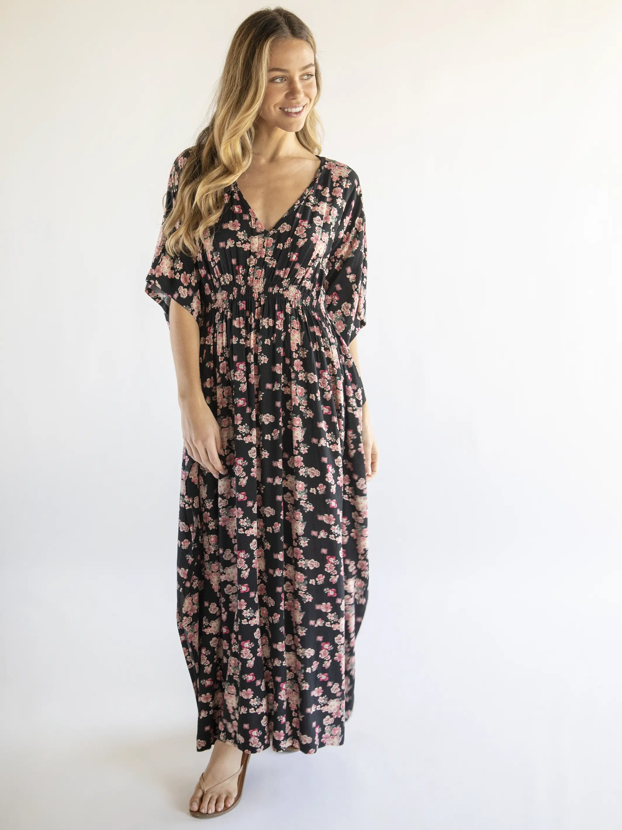 Sanibel Kaftan Dress - Black Light Pink Floral