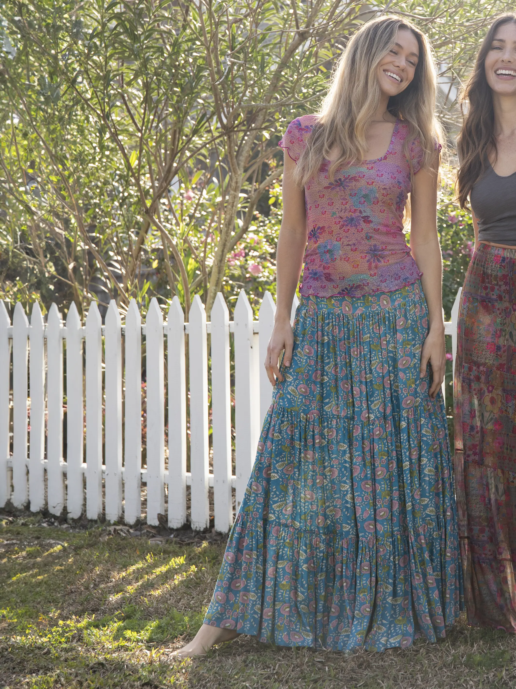 Hanna Convertible Maxi Skirt - Blue Pink Floral Vines