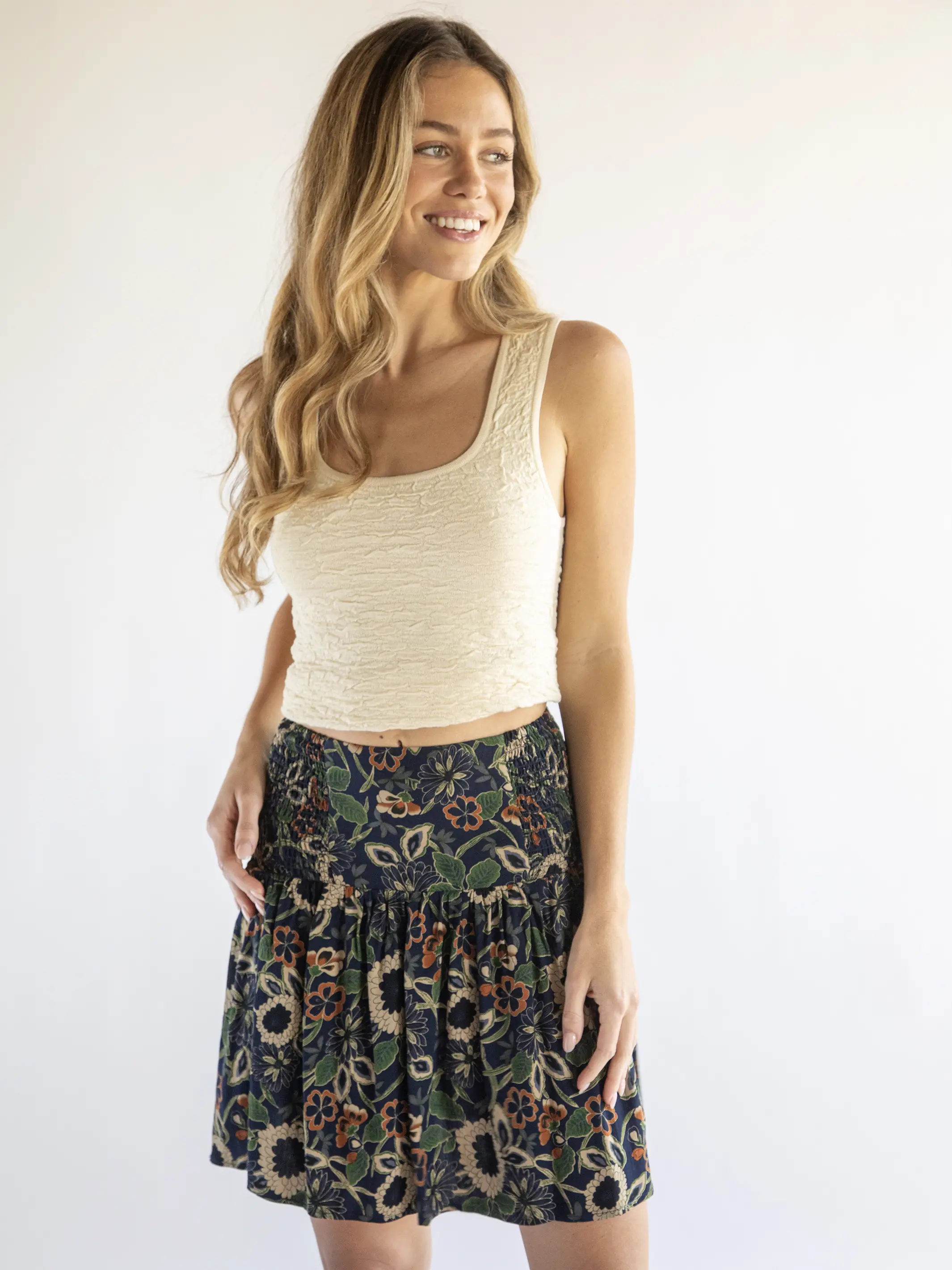 Malia Mini Skirt - Navy Tan Dahlias