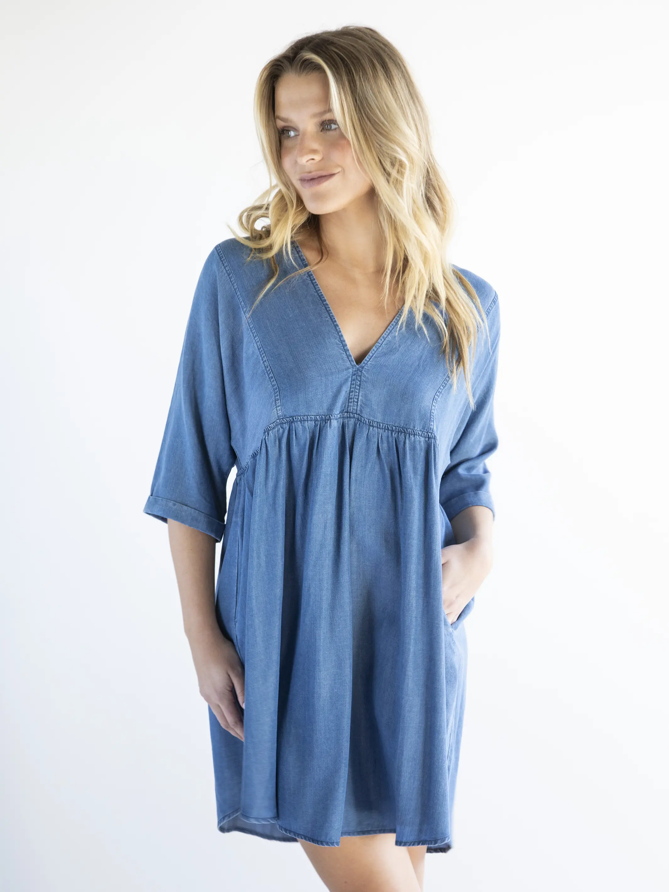Stella V-Neck Dress - Denim Blue
