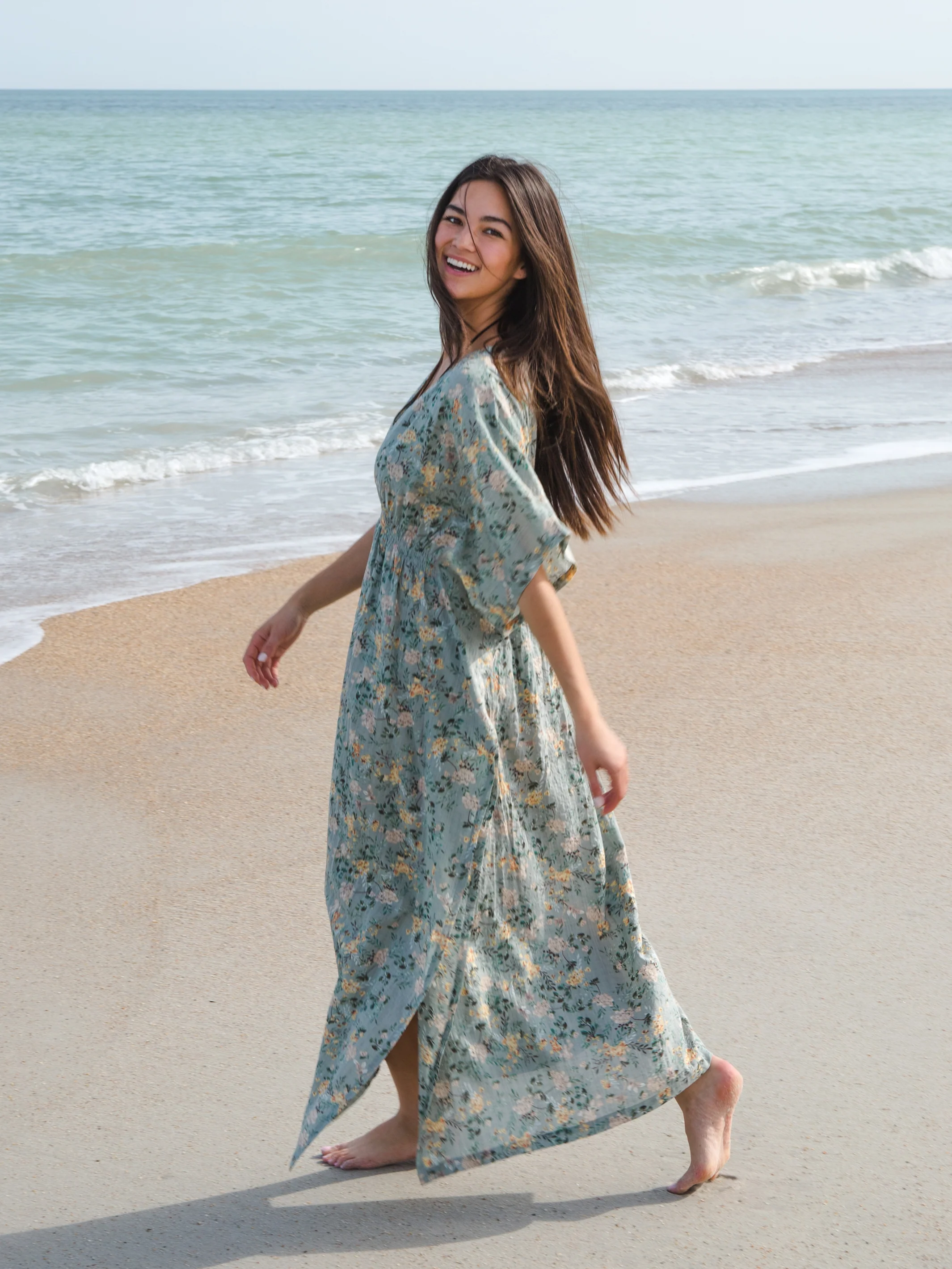 Sanibel Kaftan Dress - Light Green Floral