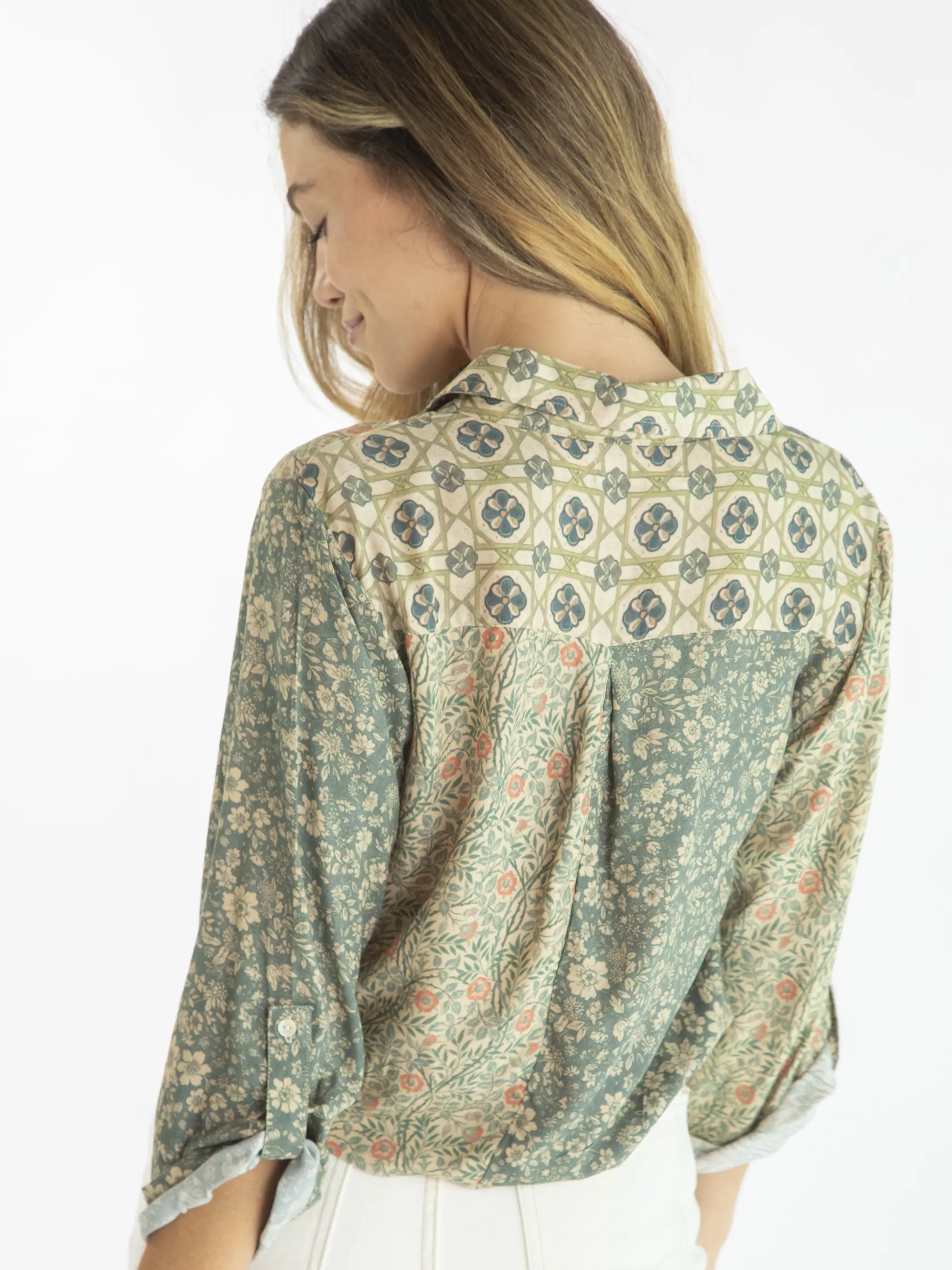 Lola Tie Button Down - Cream Sage Mixed Floral
