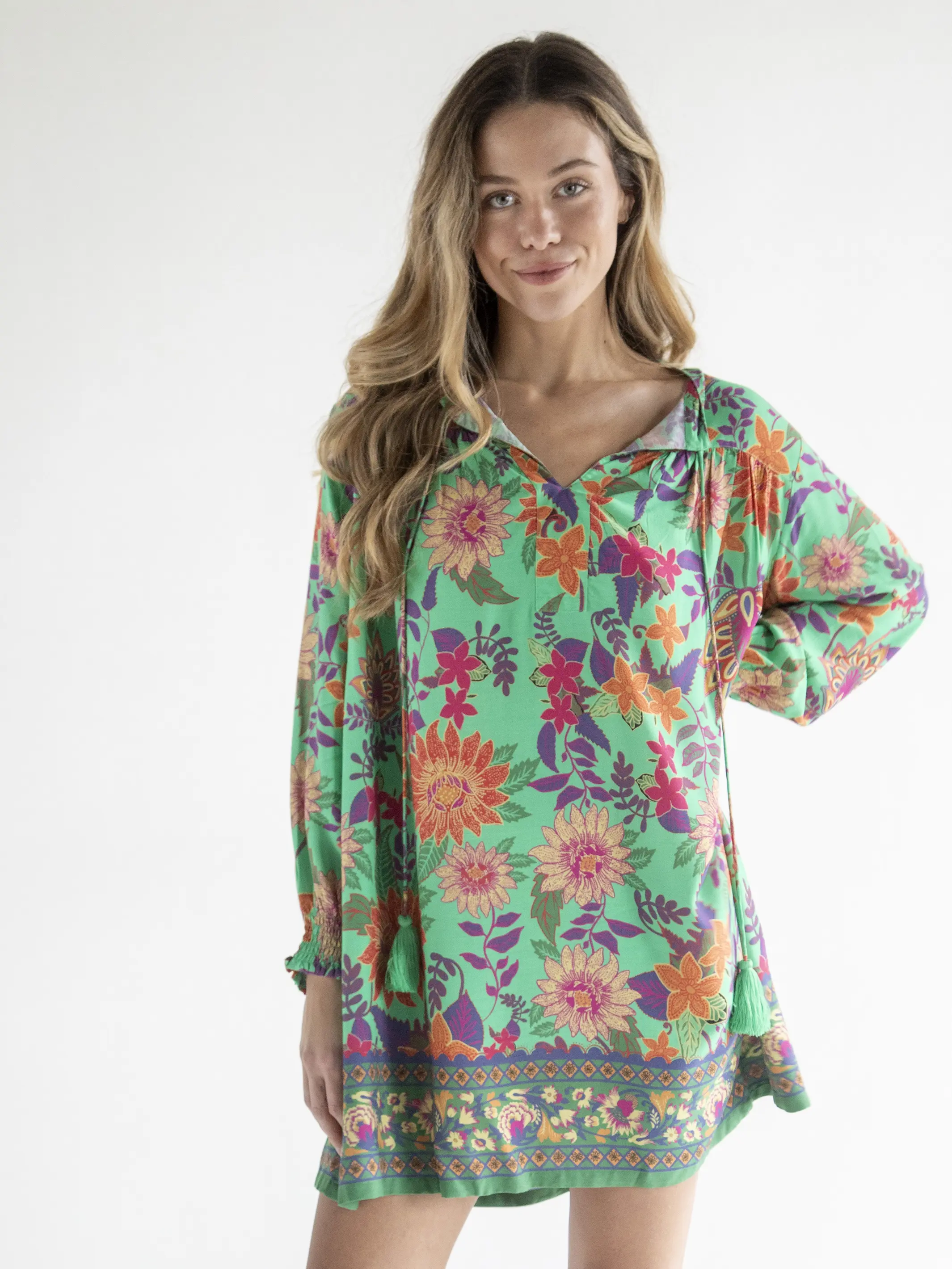 Dara V-Neck Tunic Dress - Green Floral Border