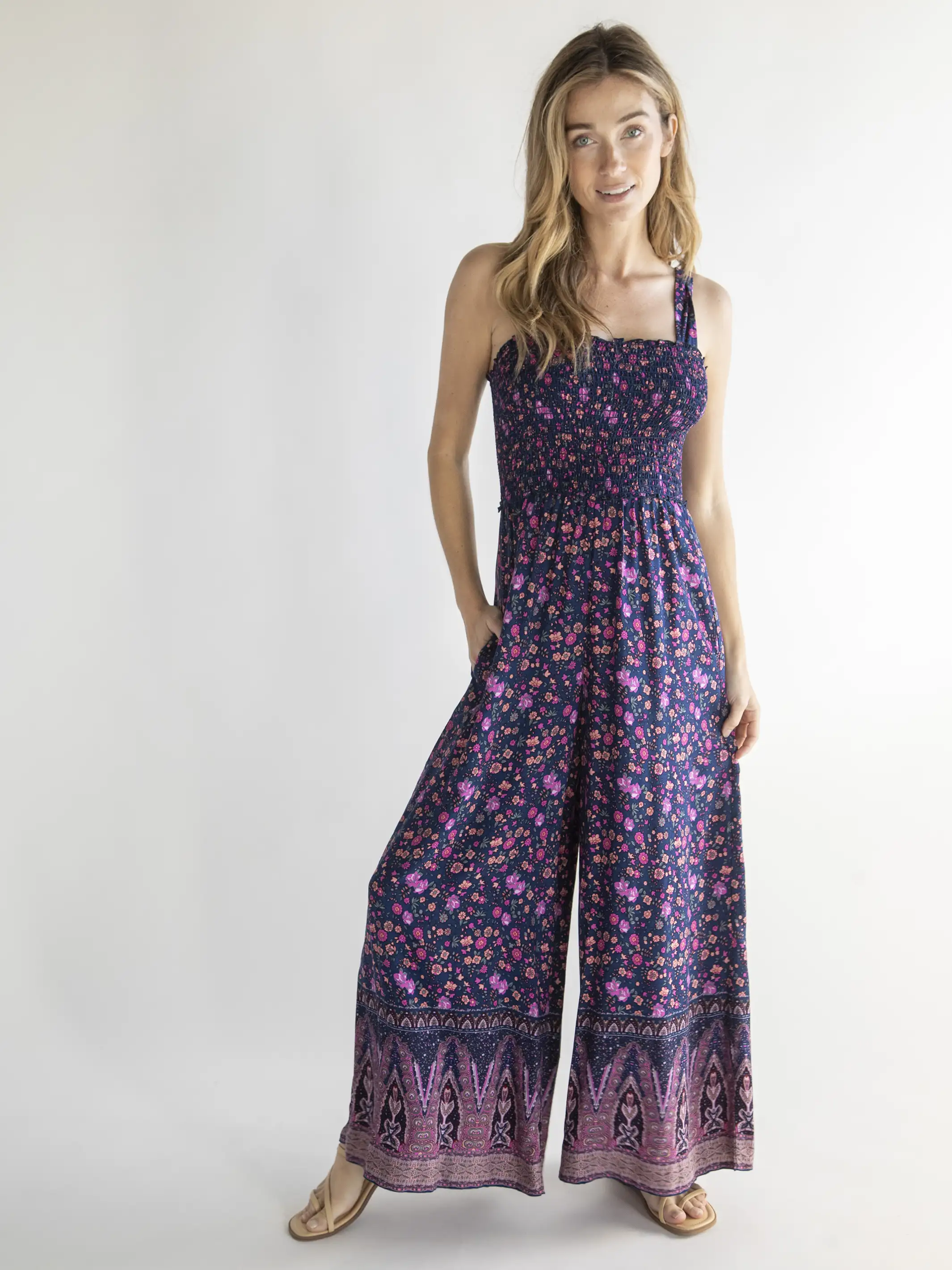 Sedona Jumpsuit - Navy Light Pink Border