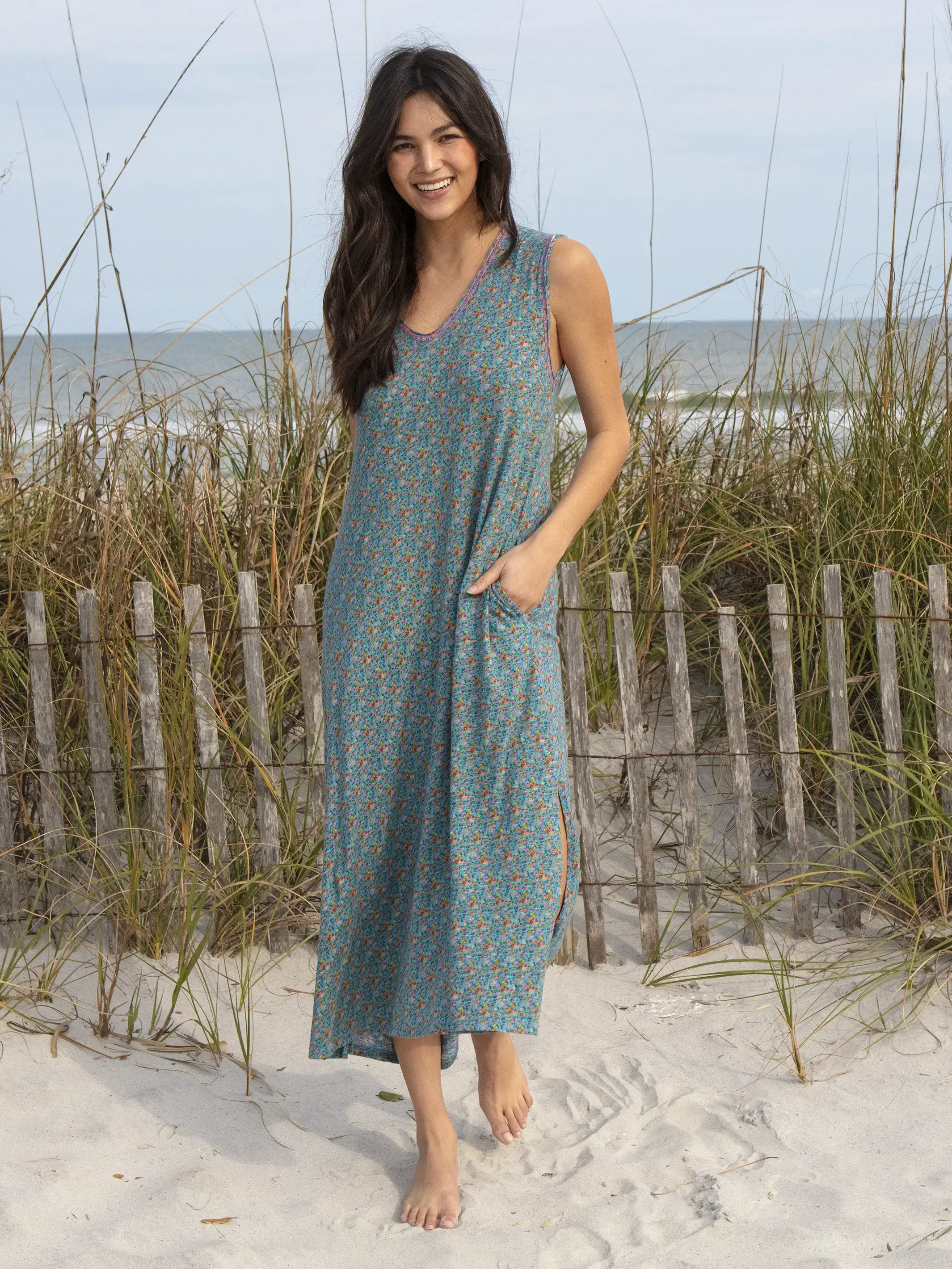 Hangout Cotton Midi Dress - Turquoise Pink Floral