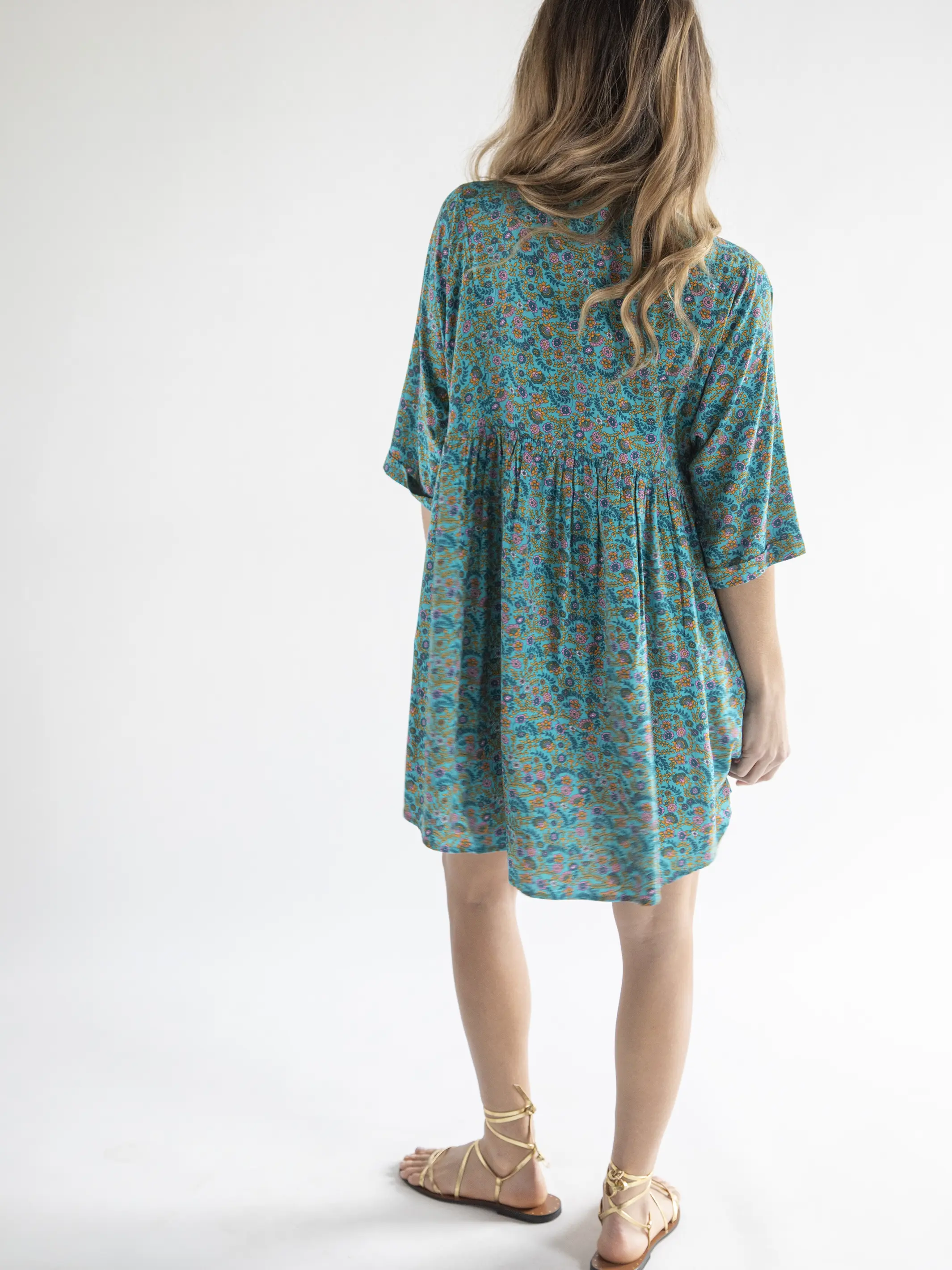 Stella V-Neck Dress - Turquoise Ditsy Vines