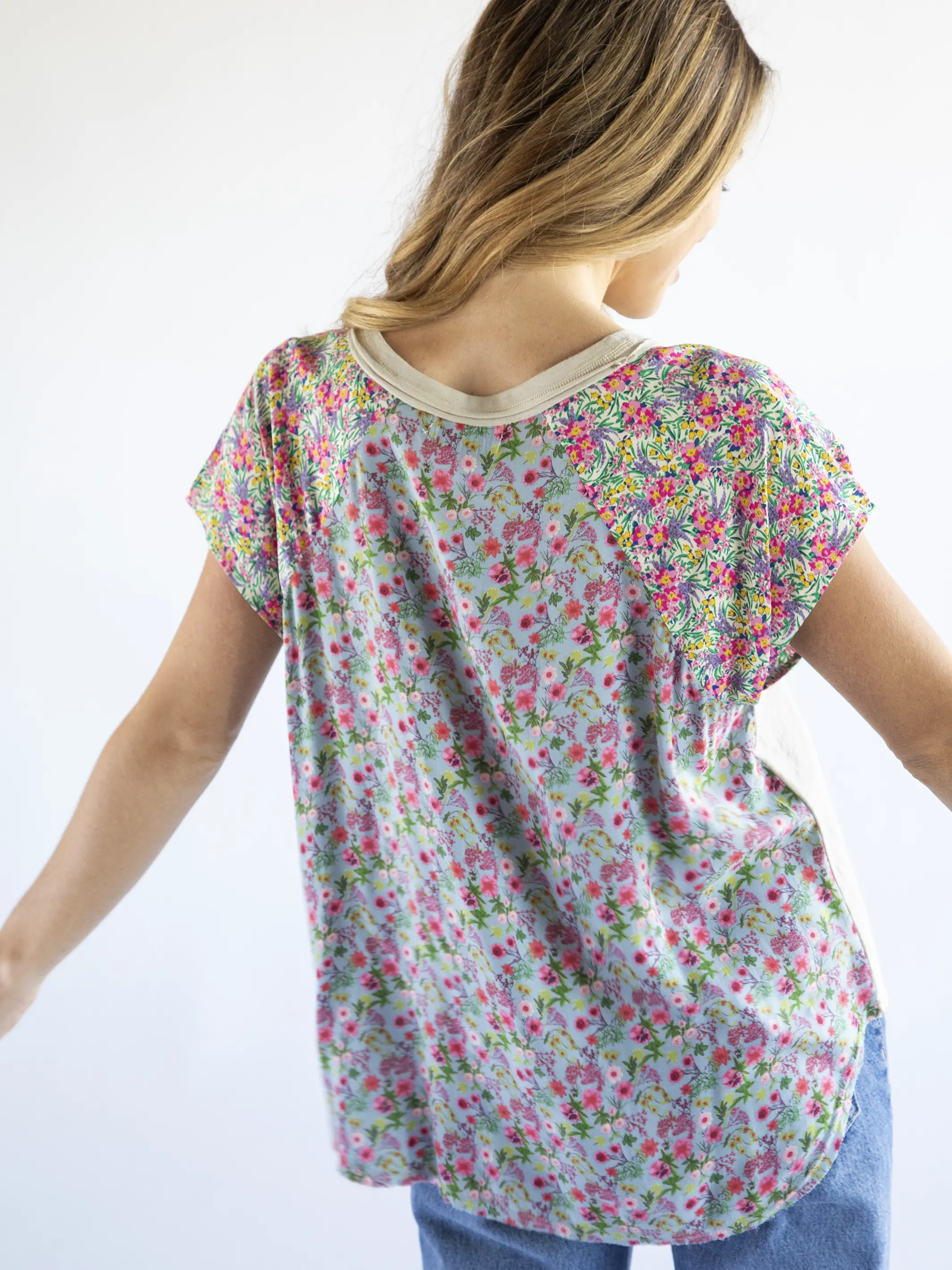Daphne Mixed Print Top - Blue Pink Mixed Floral