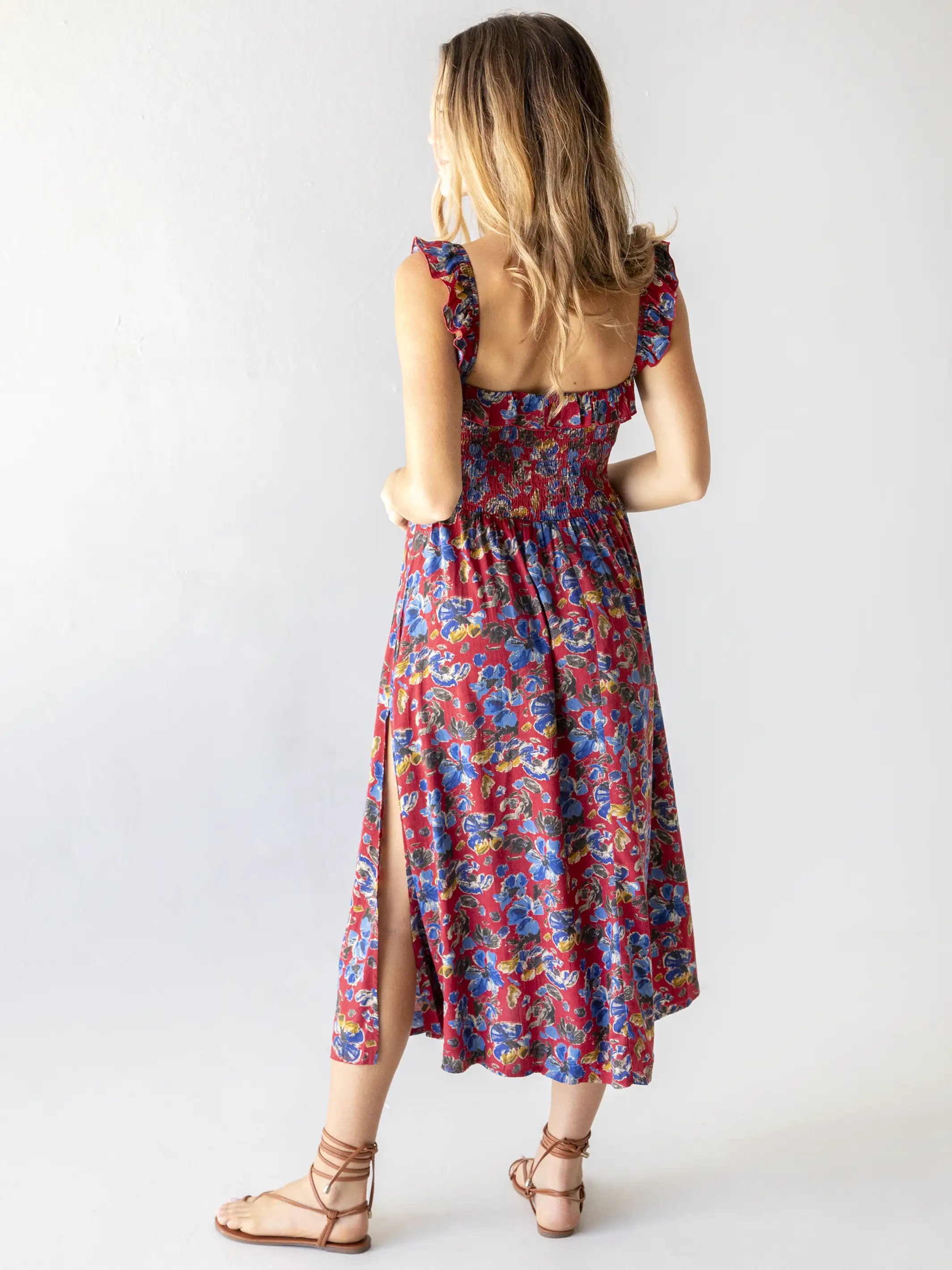 Megan Smocked Midi Dress - Red Blue Floral