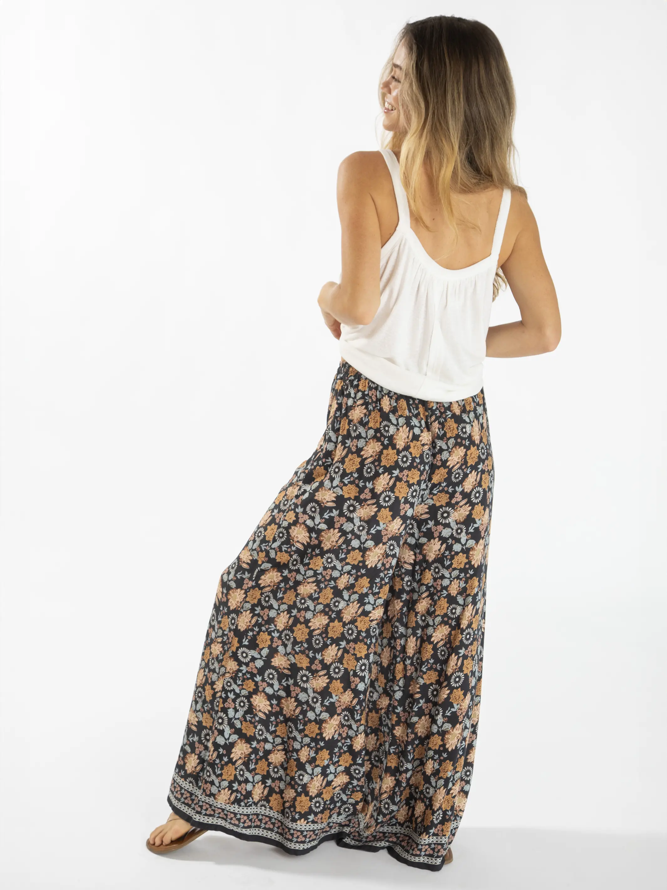 Go With The Flow Wide Leg Pant - Charcoal Light Blue Floral Border