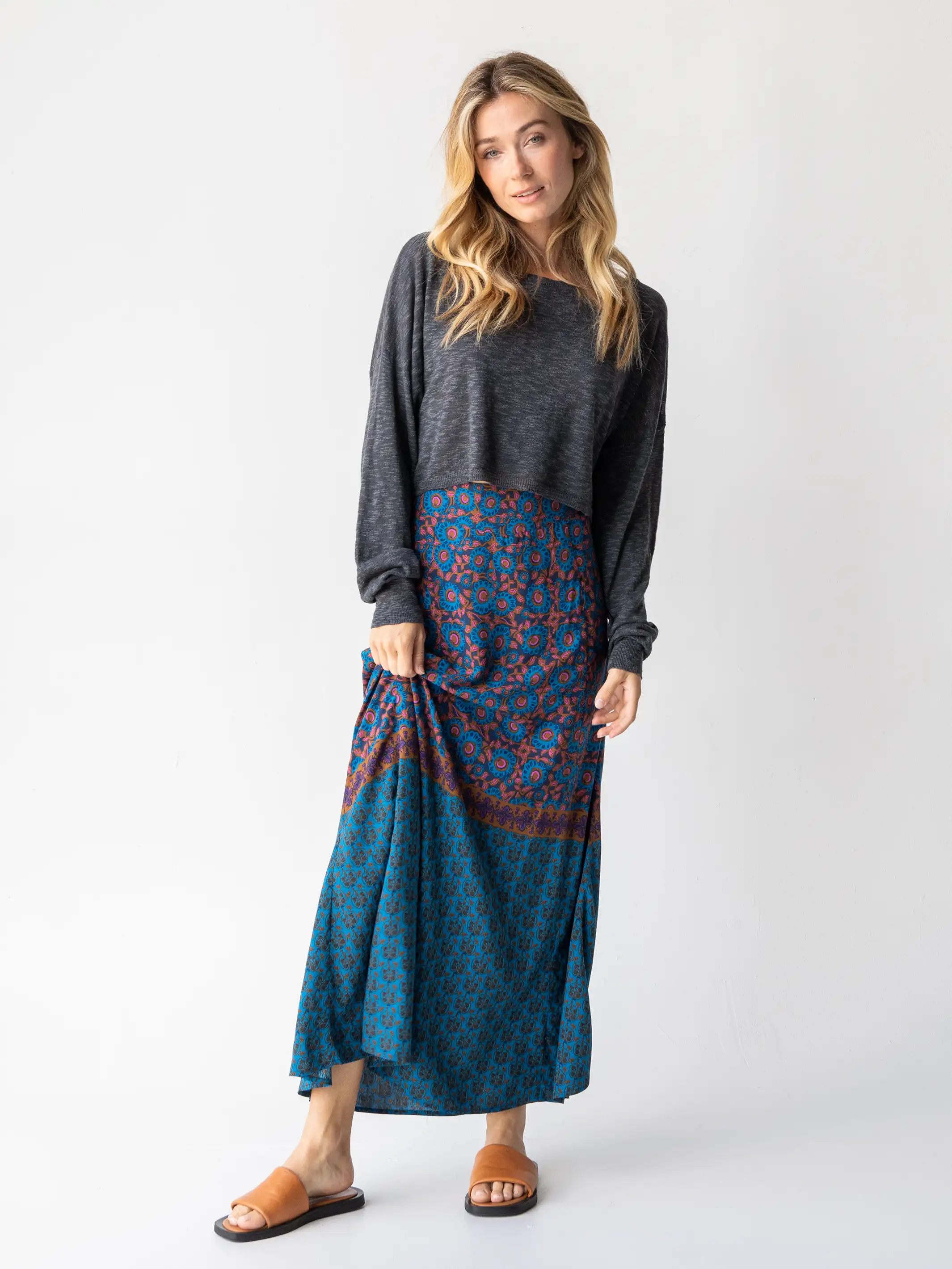 Amy Maxi Skirt - Teal Gold Border