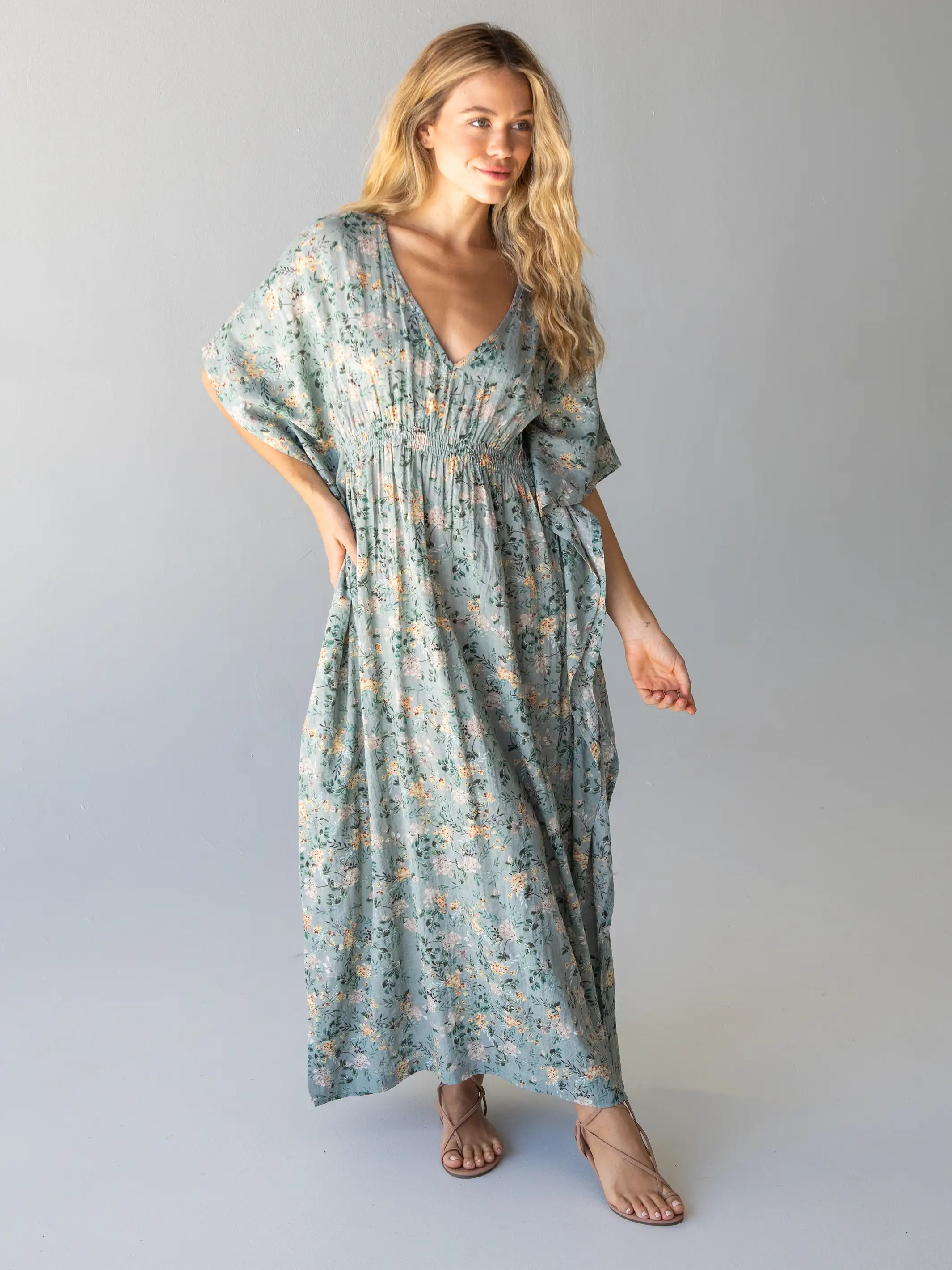 Sanibel Kaftan Dress - Light Green Floral